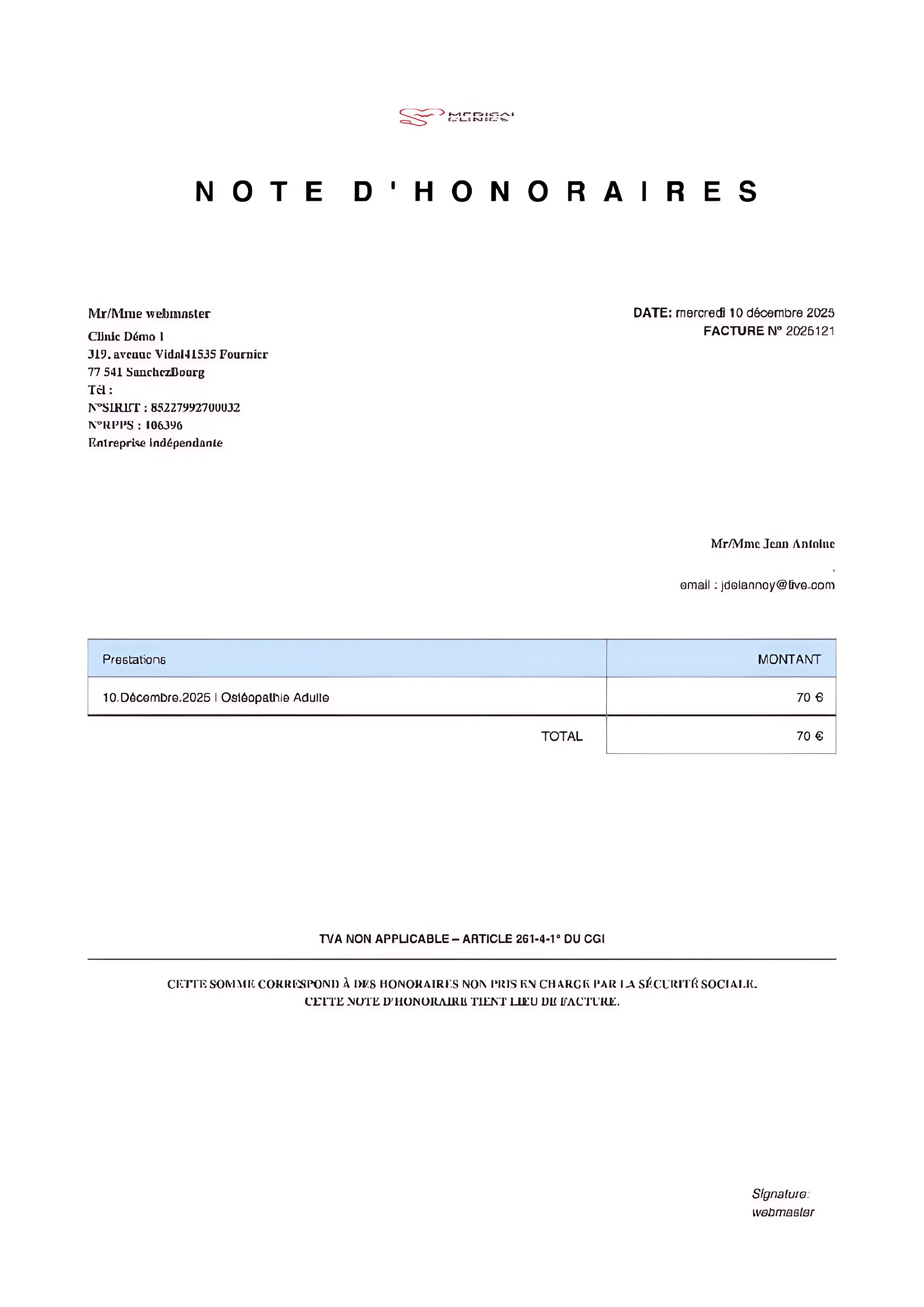 Note d'honoraires ProLibéraux