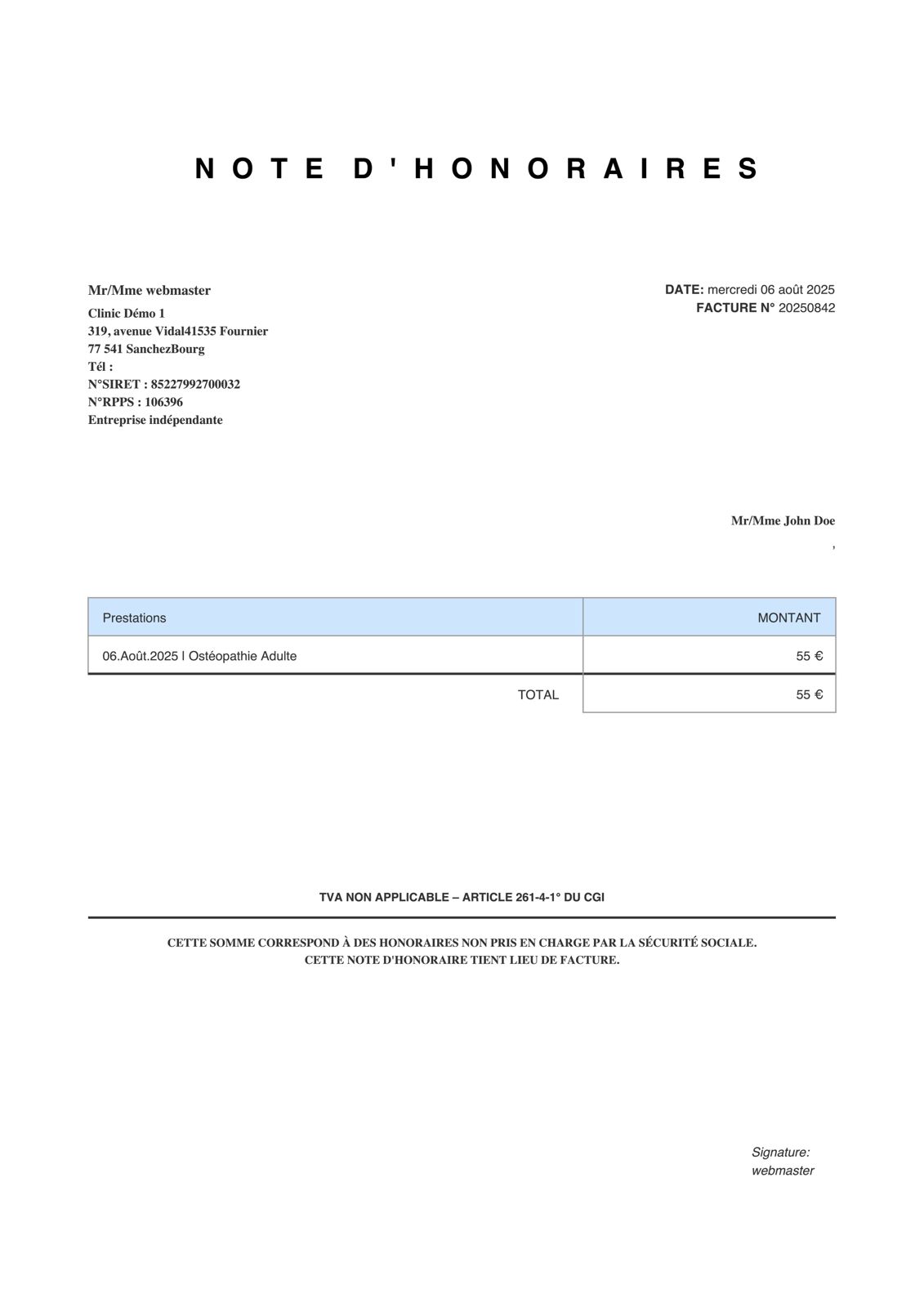Exemple de facture ostéo avec Proliberaux 
